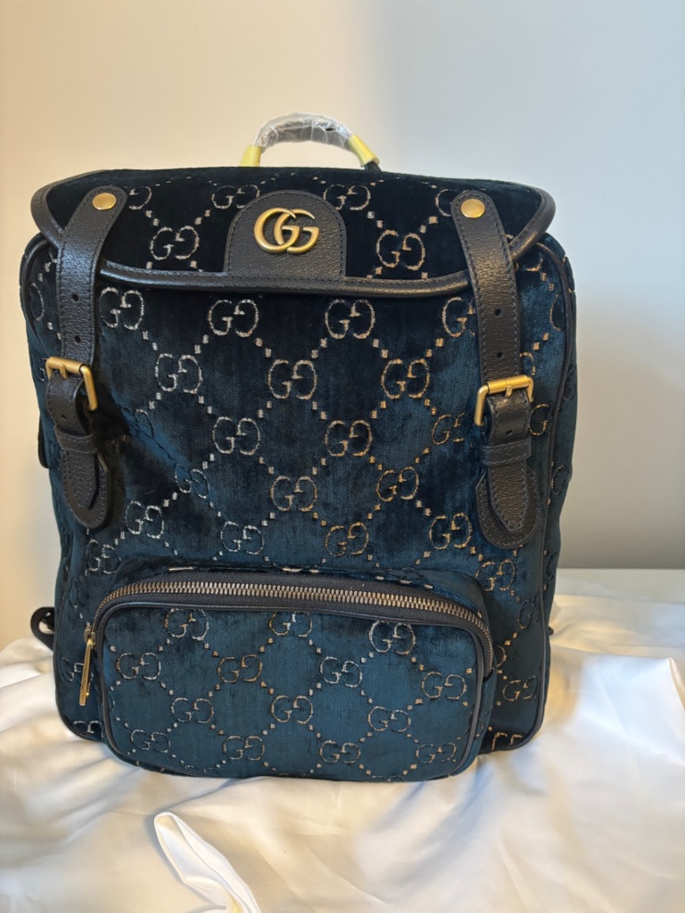 Gucci Velvet GG Monogram Backpack in Teal and Black with Gold Hardware